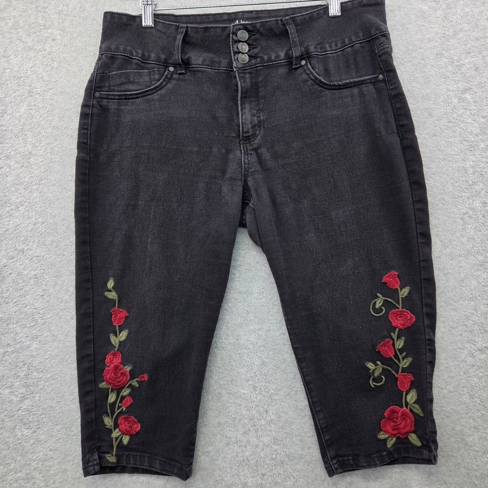 Whimsy Cottagecore D.JEANS Rose Embroidered STRETCH Capri Jeans Women 14 Black